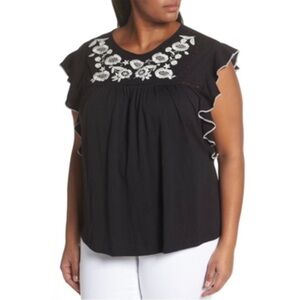 Caslon Embroidered Flutter Sleeve Black & White Flowy Top, size 2X